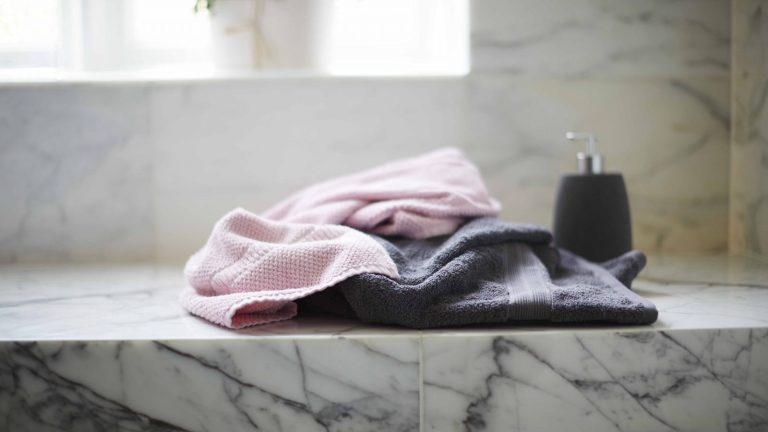 Towels on marble sink