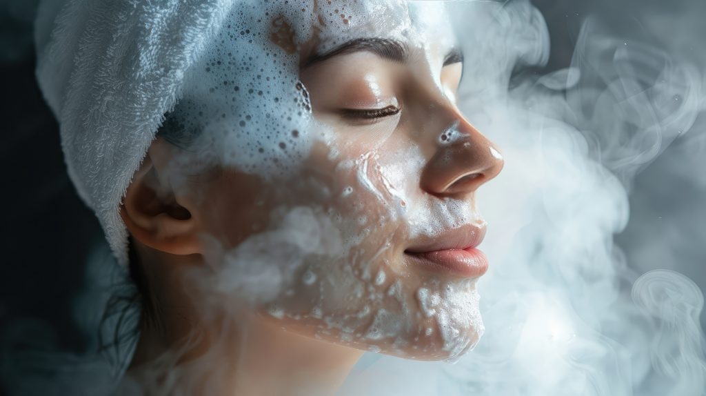 Woman enjoying a steam facial treatment, spa therapy, clear skin, deep cleansing, pure relaxation