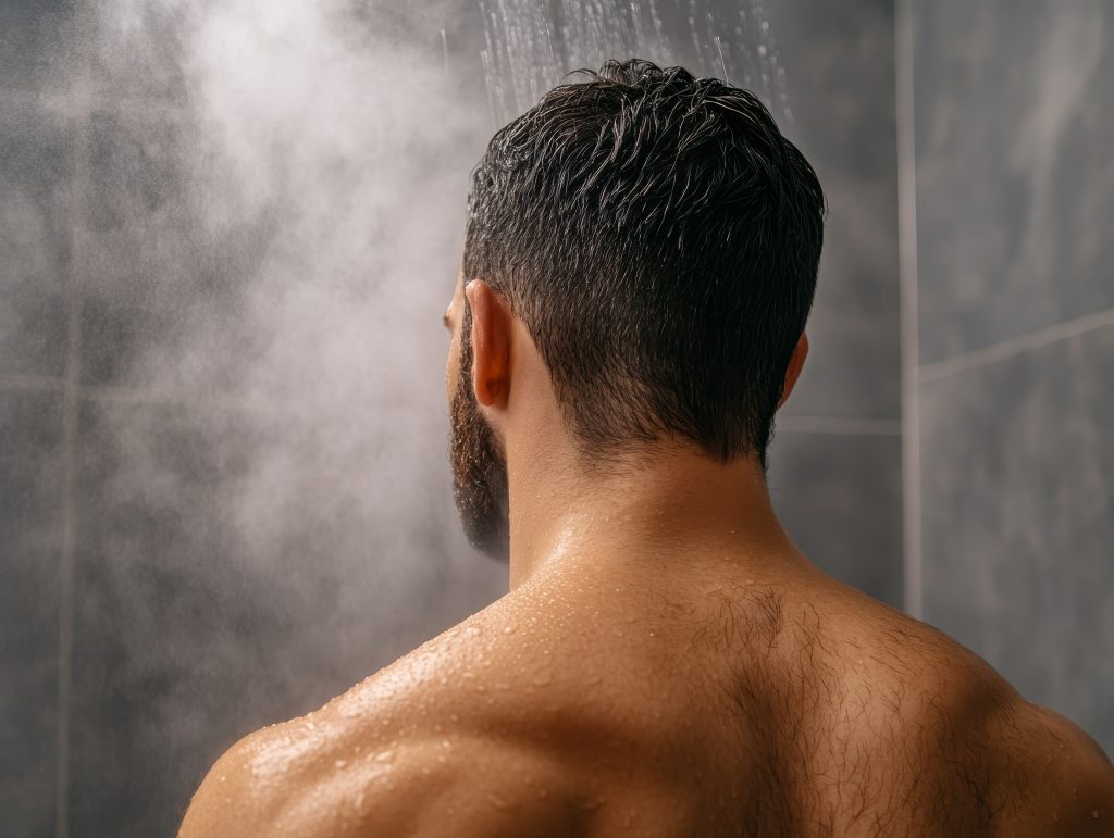 man taking a relaxing shower with steam and water droplets on his back in a modern bathroom