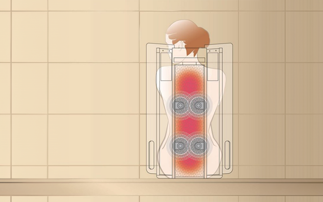 A diagram of a woman in an infra red cabin showing infrared radiation and its effects on the body