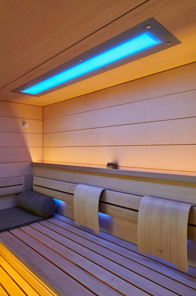 Inside of KLAFS Sauna with the LIFTLIGHT